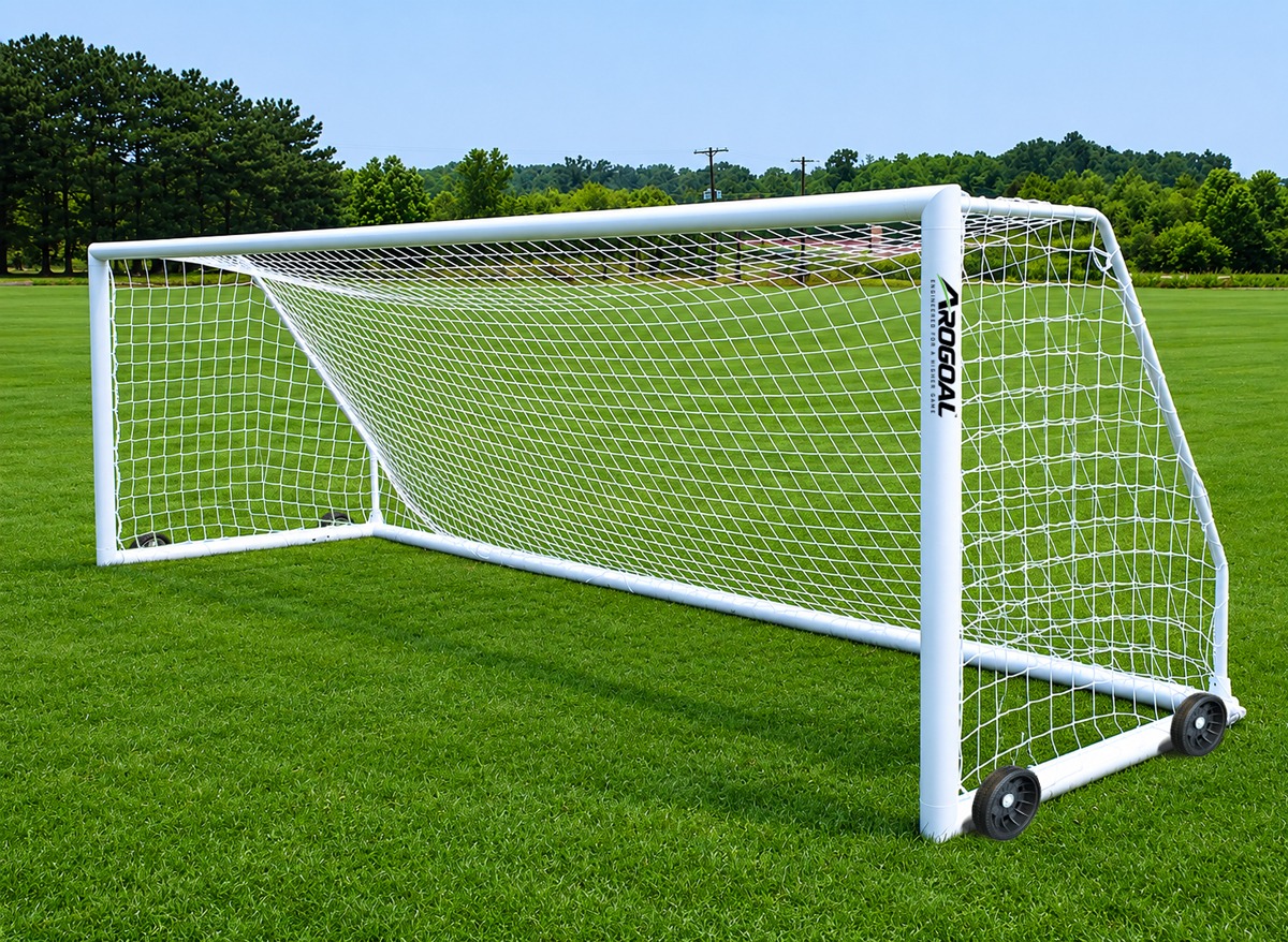 Arogoal soccer goal with wheels on a grass field